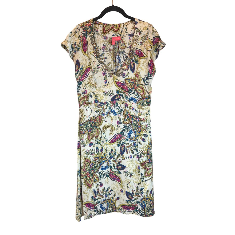 Charlotte Tarantola Silk Paisley V-Neck Beaded Dress Large Pink Teal Boho 4272